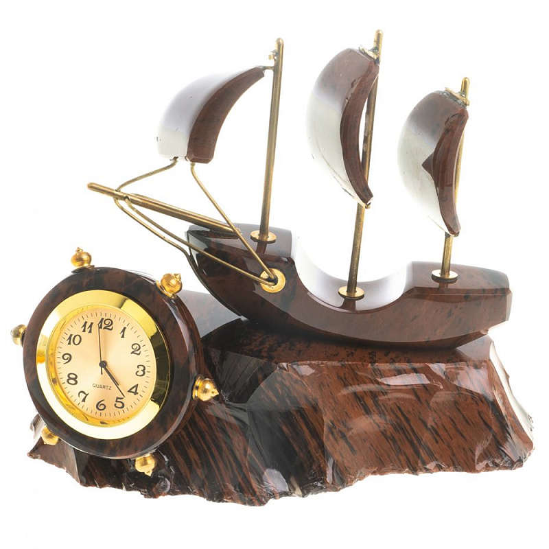 Часы настольные в виде парусника из натурального камня Обсидиан Sailboat Stone Clock Коричневый Черный Золотой Часы настольные в виде парусника из натурального камня Обсидиан Sailboat Stone Clock Коричневый Черный Золотой в Липецке | Loft Concept