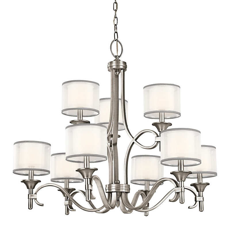 Люстра с белыми тканевыми абажурами в прозрачных стеклянных цилиндрах Kichler Белый Бежевый Никель Бронза Прозрачное Стекло в Липецке | Loft Concept 