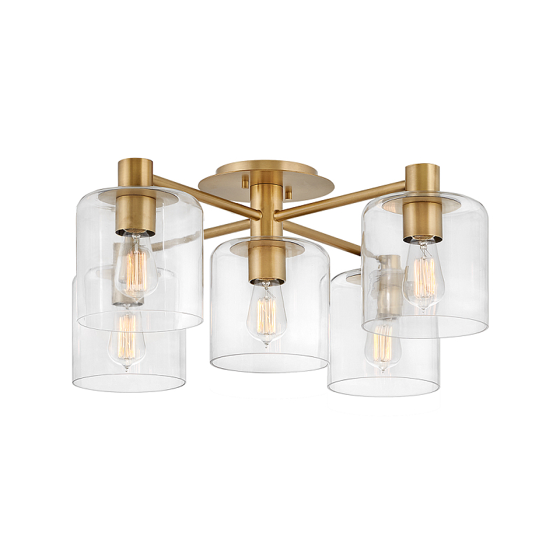 Потолочный светильник цвета латунь с пятью прозрачными цилиндрическими плафонами Hinkley Латунь Прозрачное Стекло в Липецке | Loft Concept 